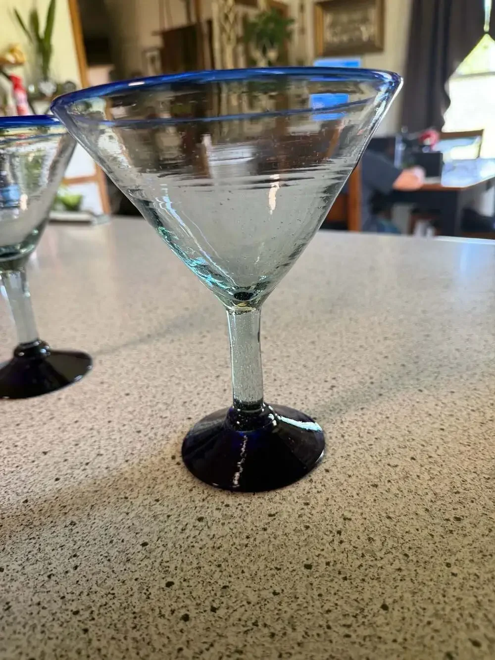 Set of 2 Hand Blown Mexican Margarita Martini Glasses w/ Cobalt Blue Rim n Base